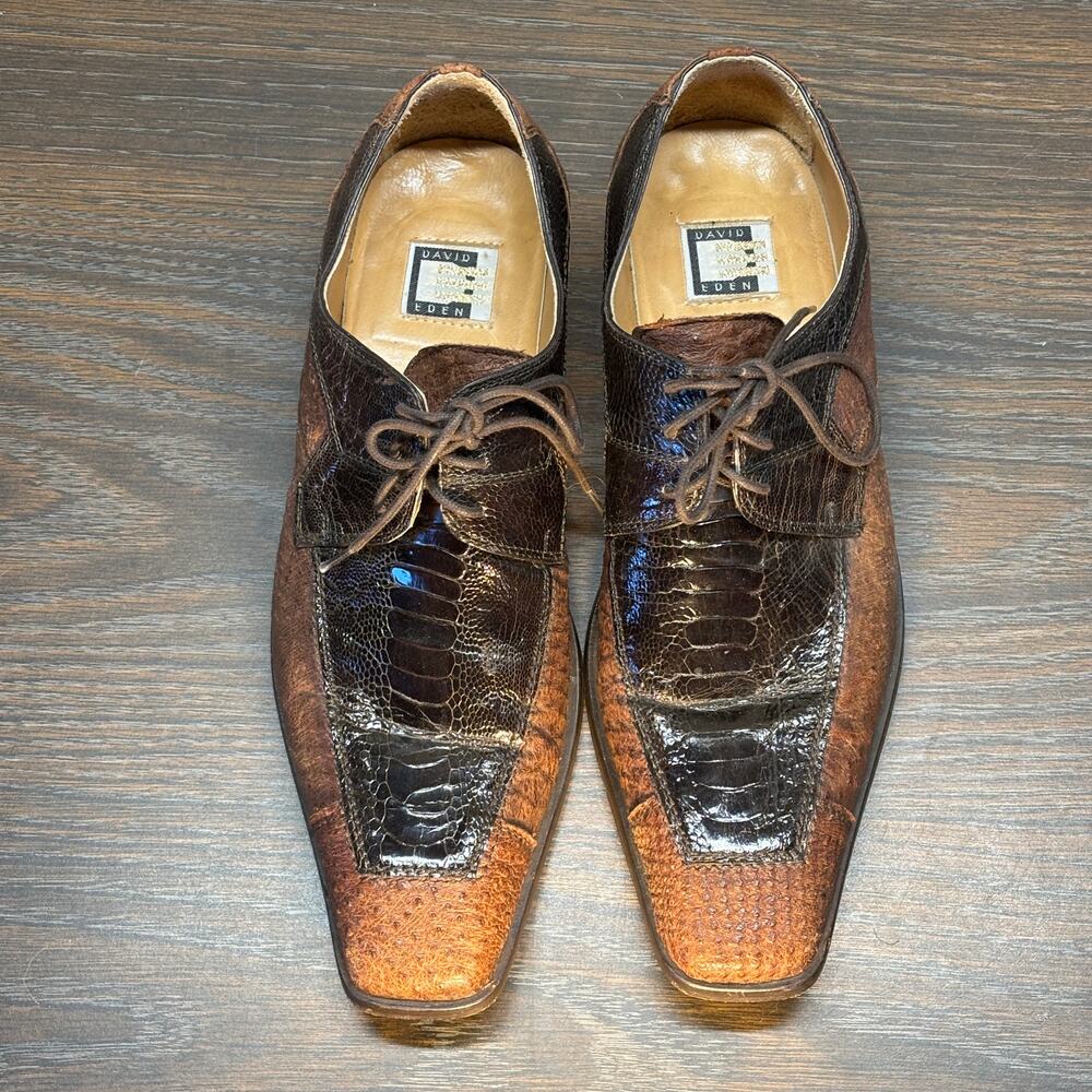 David Eden Dress Shoes Mens 11 Tan Brown Ostrich Alligator Leather Italy Exotic
